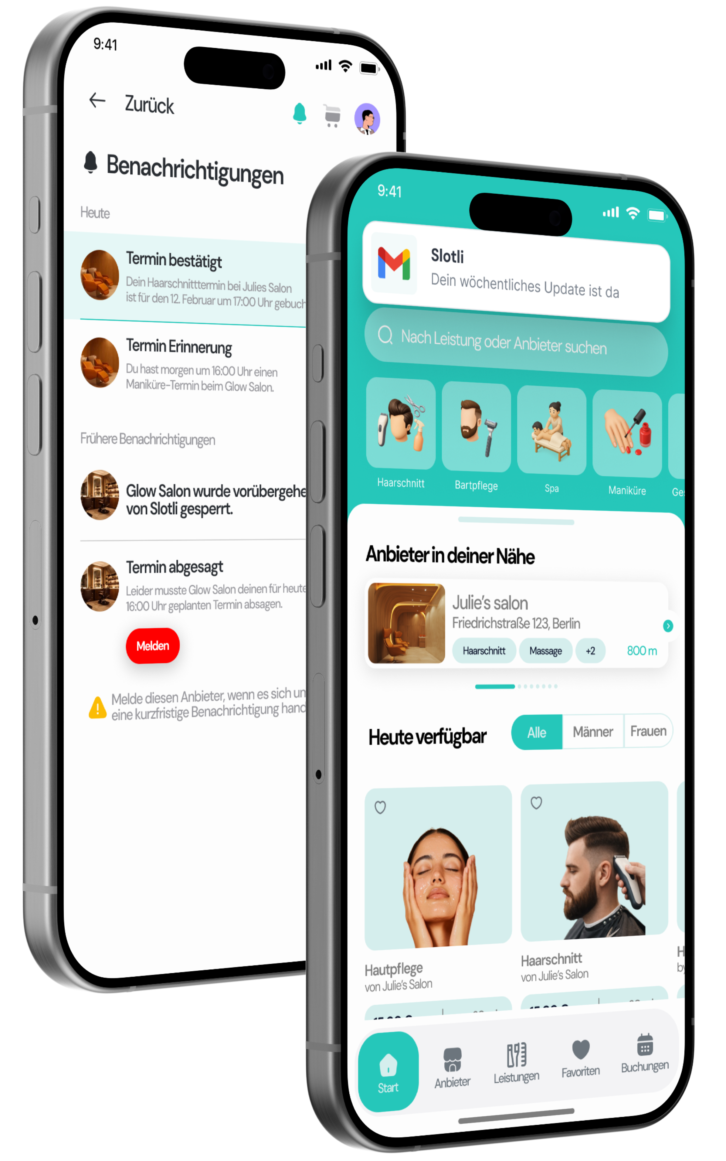 Slotli App auf zwei iPhones: Benachrichtigungen mit Terminbestätigung und Startbildschirm mit Kategoriesuche