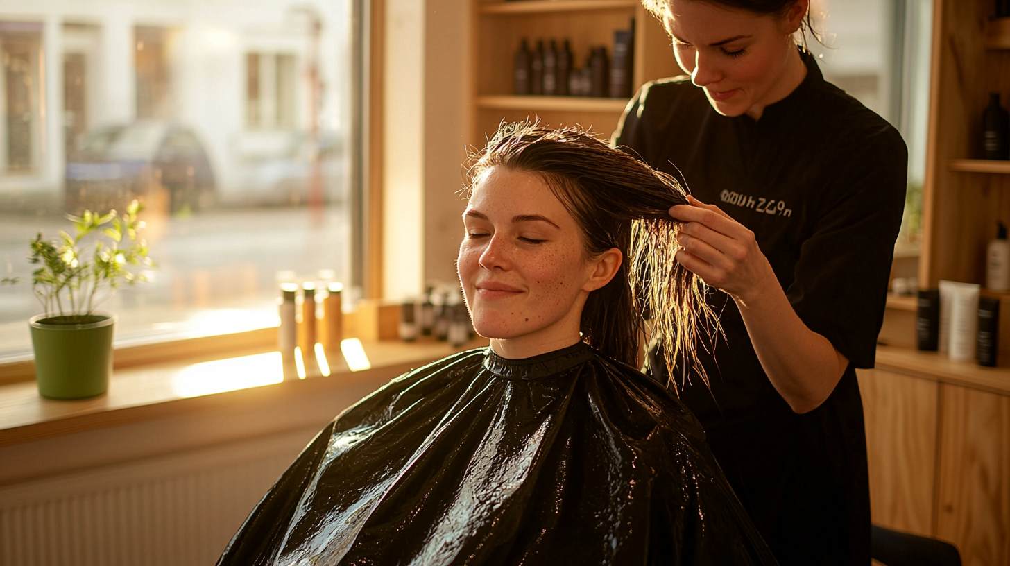 Hairstylist gently styling a client's hair in a warm, naturally-lit salon